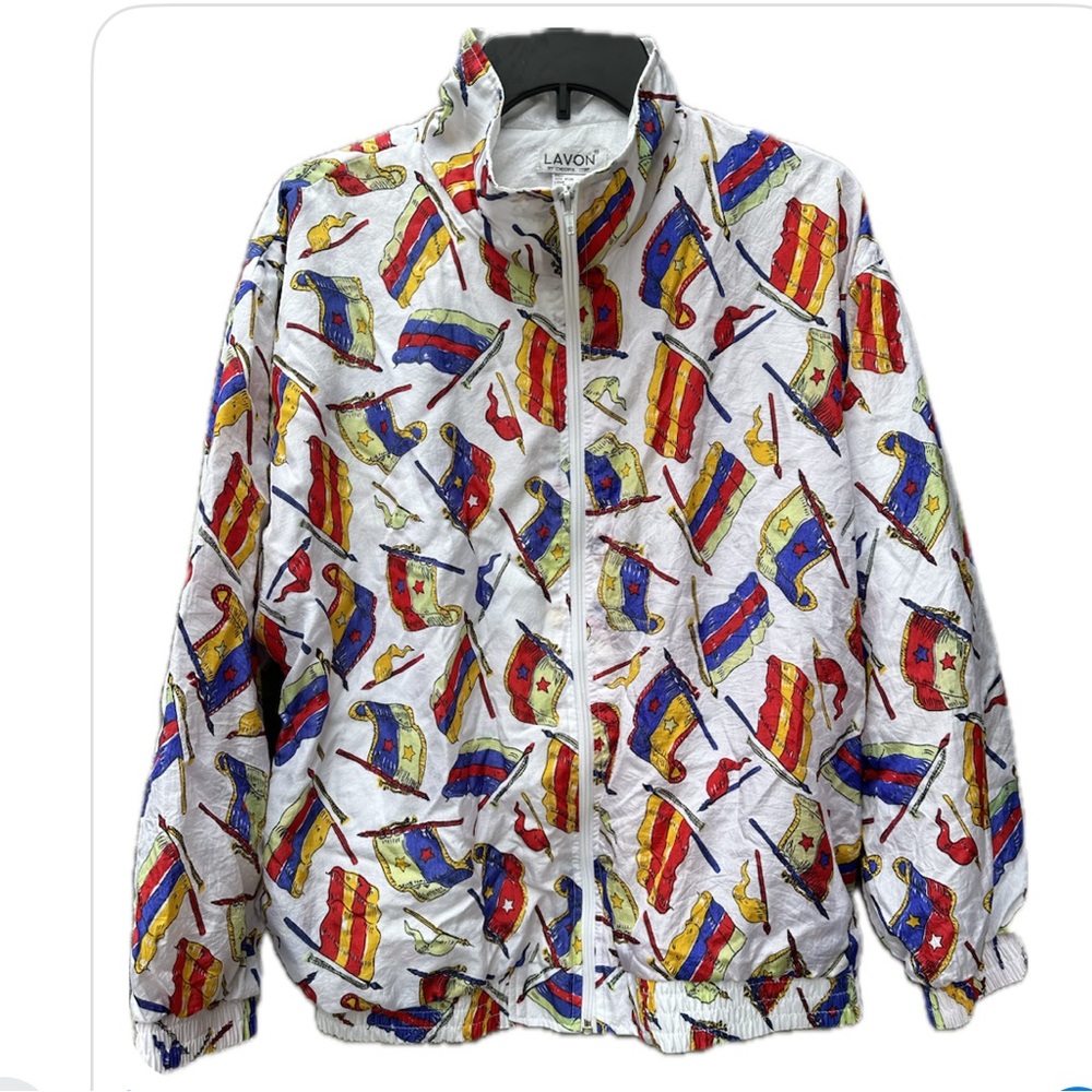 Vintage Lavon Flag Print Nylon Windbreaker Jacket Full Zip Size M